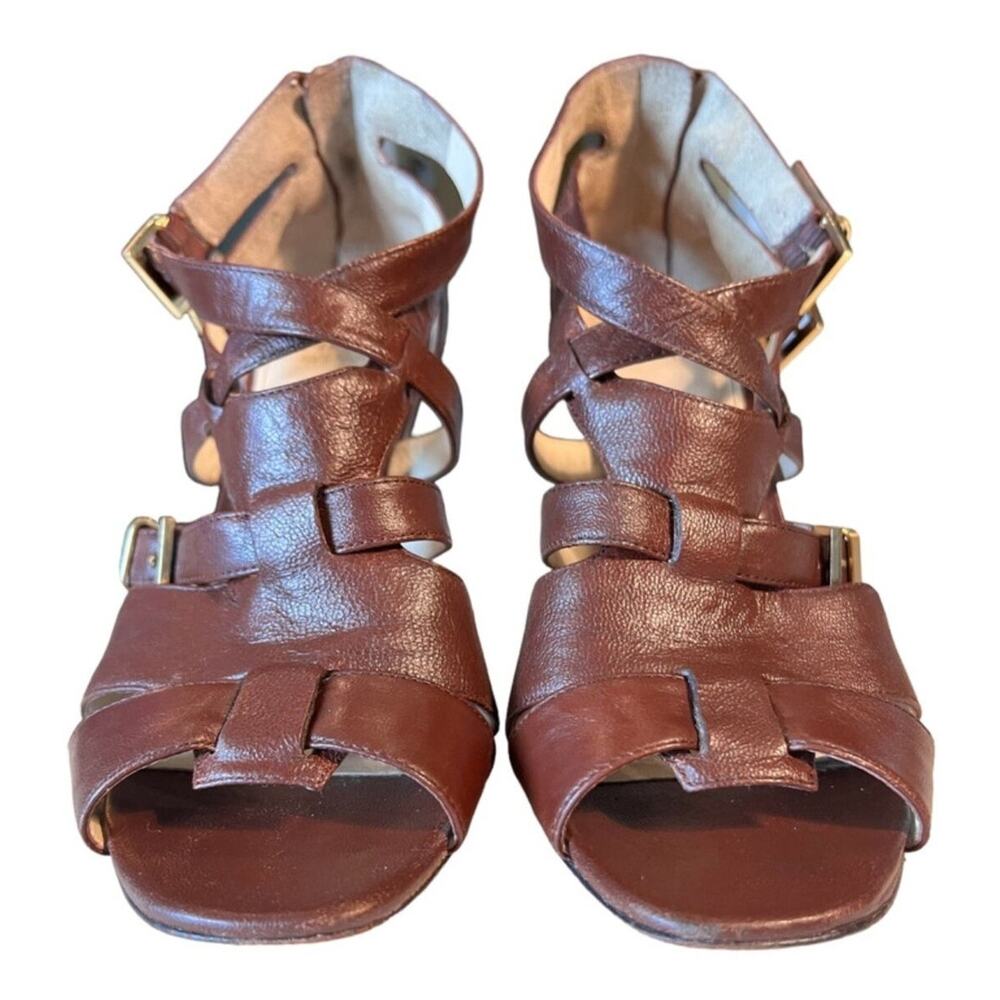 00s Saks Fifth Avenue LYLE Leather Strappy Heel Sandals Sz 8 Brown Classy Preppy - Picture 2 of 11
